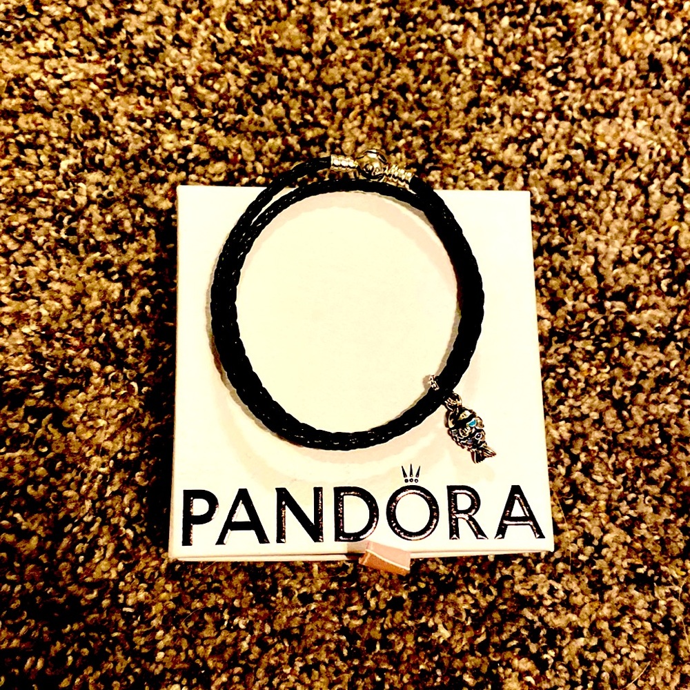 Pandora Blue Scaled Fish Dangle Charm on Pandora Moments Black Leather Bracelet